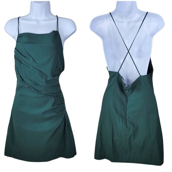 Zara Draped Linen Blend Backless Dress Size Large Hunter Green Ruched Mini - Picture 1 of 7